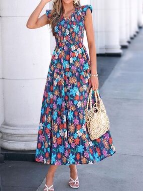 #57 Pretty Garden Size S Boho Floral Maxi Dress Smocked V Neck Ruffle Sleeve